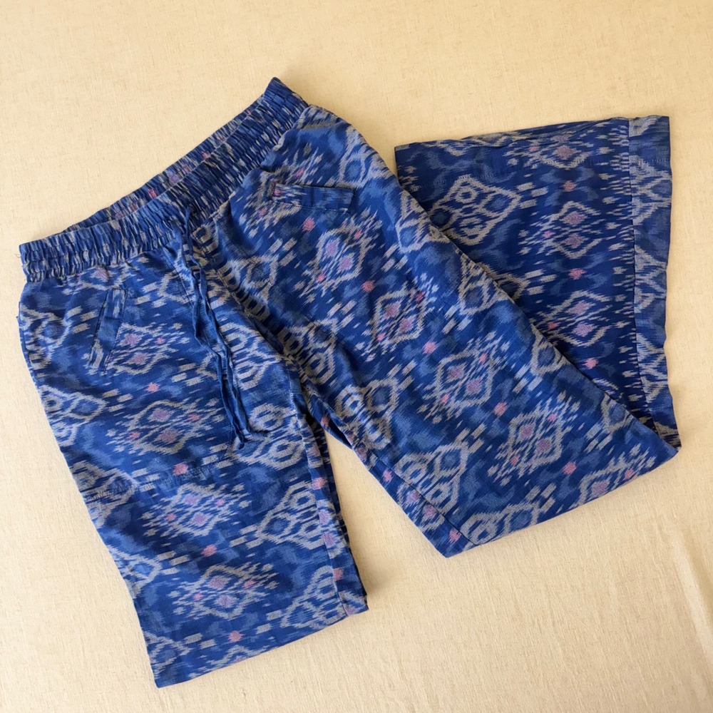 Indah Blue Ikat Print Wide Leg Drawstring Pants Small Bohemian Beachy